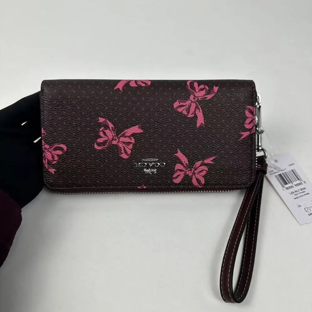 Coach Long Zip Around Wallet Signature Canvas Bow Print Silver/Merlot CZ327